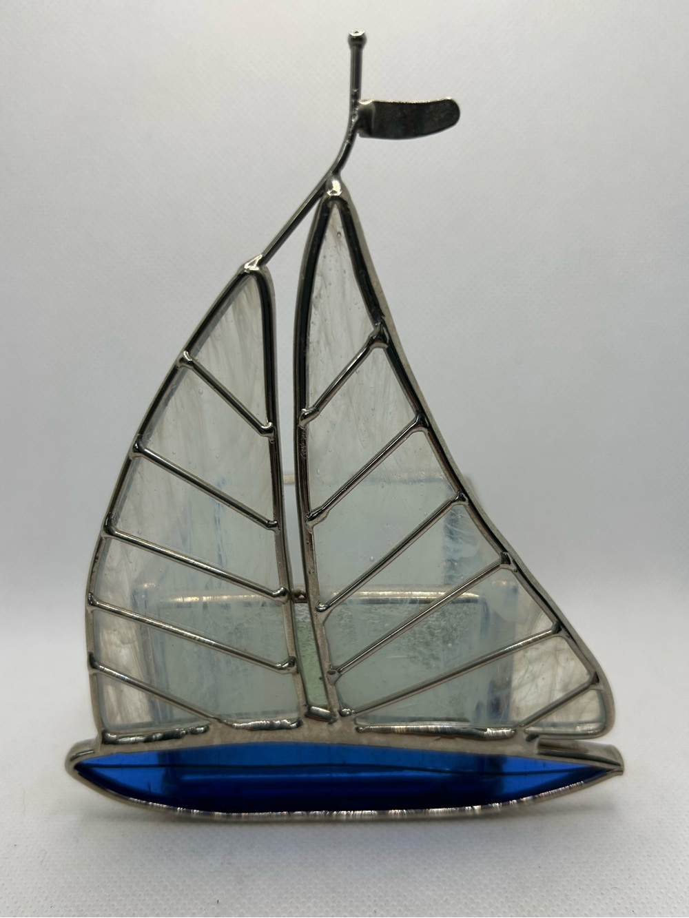 Stained Glass Candle Holder Sailboat Blue & Clear Nautical Beach 5 Inch